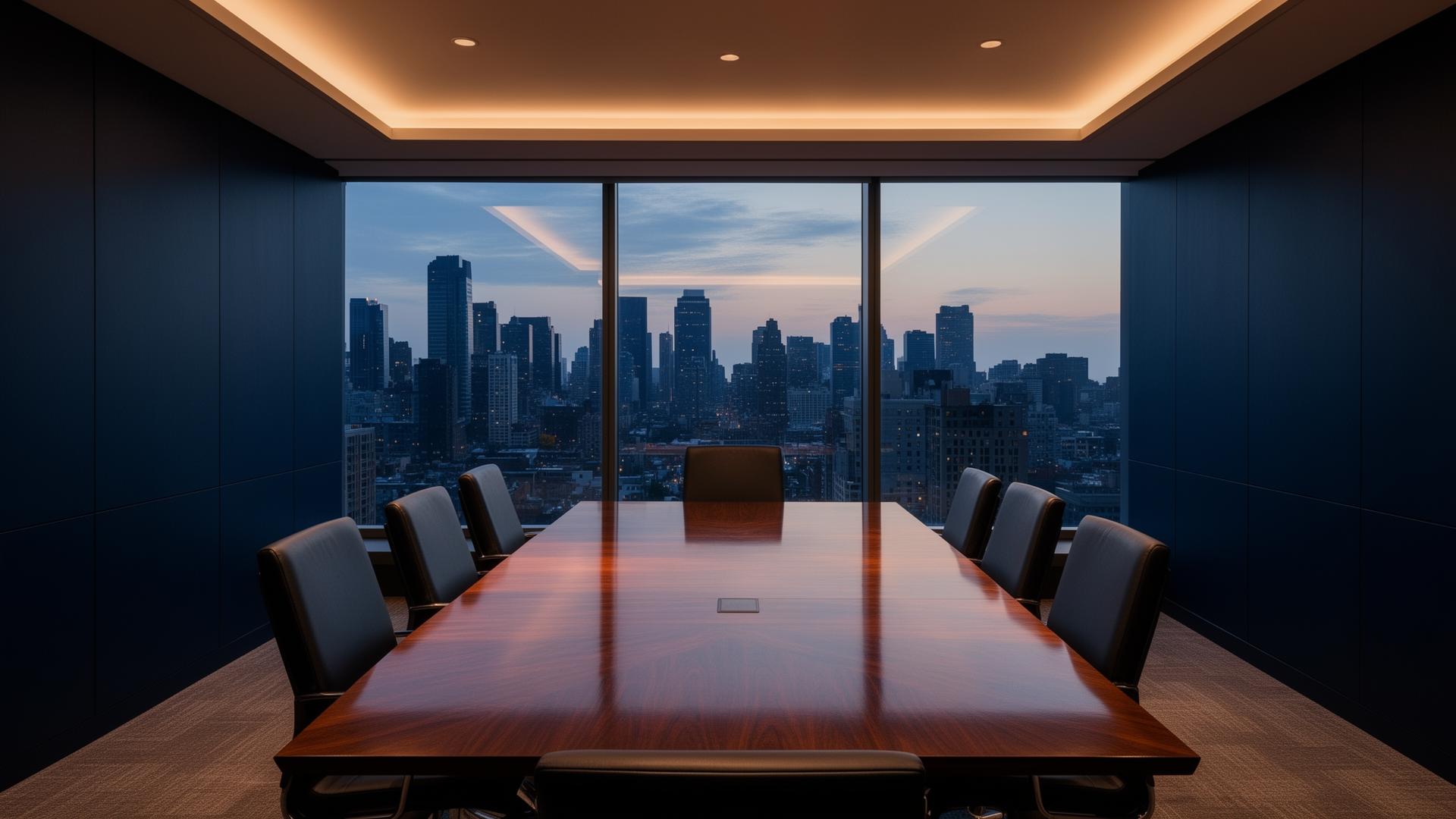 Executive boardroom overlooking a city skyline