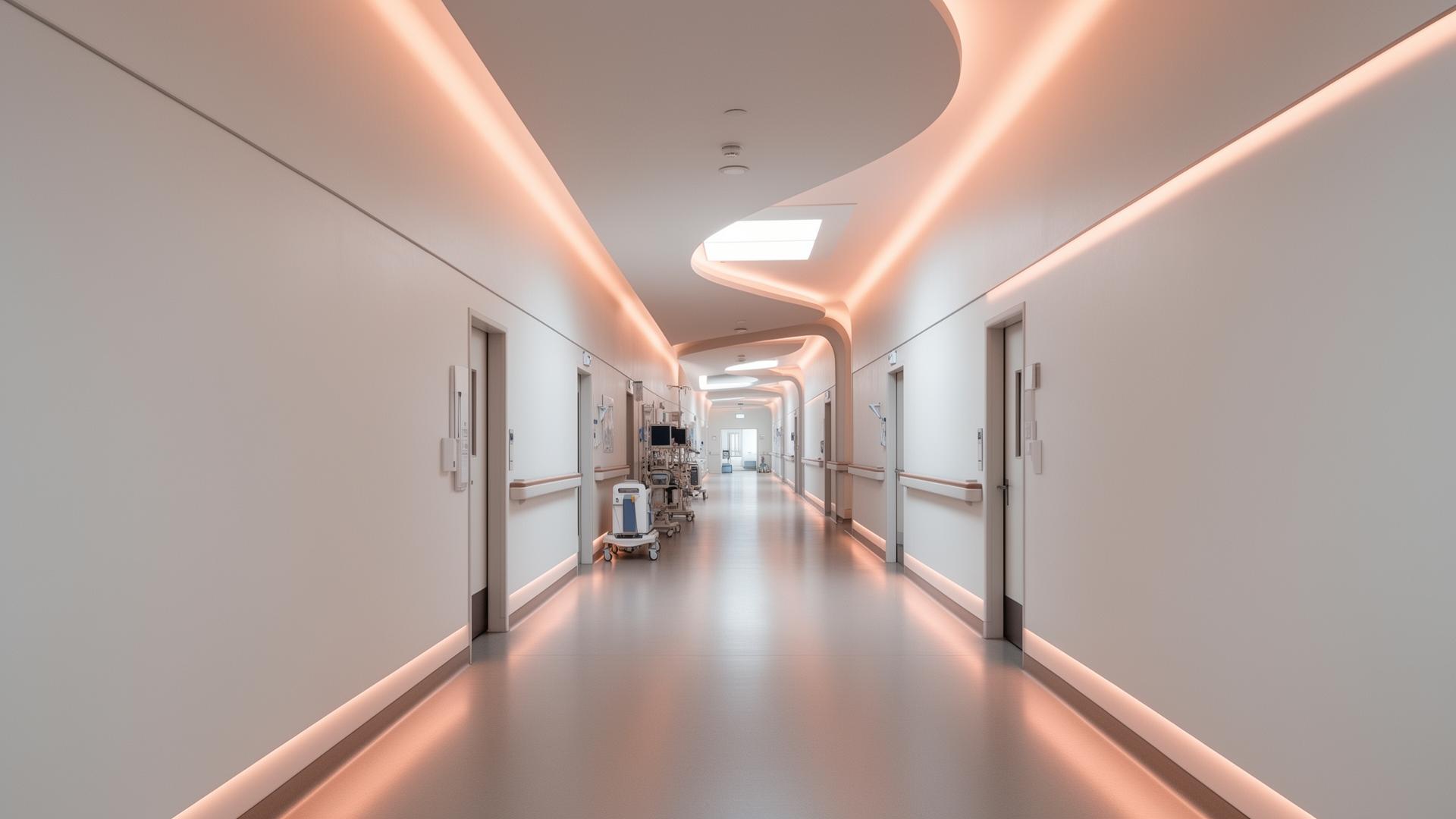 Modern hospital corridor with warm light